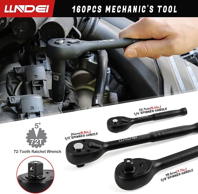 LLNDEI 160Pc Mechanics Socket Set 1/2 1/4 3/8" Drive Metric | CR-V Deep & Shallow Sockets, Metric, Quick Release Ratchet, Professional Tool Kit for Auto Repair, Truck, Garage & Home DIY