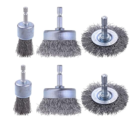 Rocaris 6 Pack Carbon Steel Wire Wheel and Pen Brush Set with 1/4-Inch Hex Shank for Rust Removal, Corrosion and Scrub Surfaces