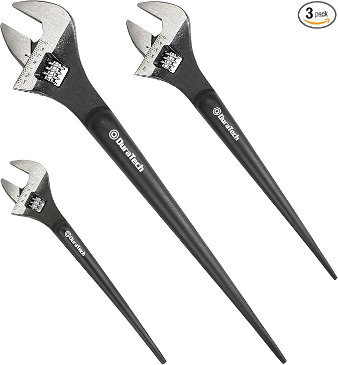 DURATECH 3-Piece Adjustable Construction Spud Wrench Set, 8, 10, 12-inch | Black Oxide Finish, CR-V Steel, SAE and Metric Scale Marked, Alignment Holes and Tail Crowbar Features