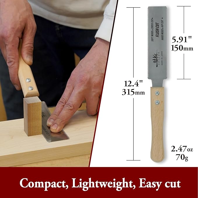 SUIZAN Flush Cut Saw 6" - Japanese Pullsaw Hand Saws Wood Cutting | Professional Pull Saw for Woodworking Furniture Making DIY Tools Dowel Trim Plugs No Set Teeth Sharp Replaceable Blade Ryoba