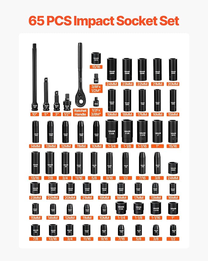 VEVOR 65-Piece 1/2" Drive Impact Socket Set, SAE (3/8" to 1-1/4") & Metric (10 to 24 mm), CR-V, Deep & Shallow, 6 Point, Ratchet Handle, Universal Joint, Adapters, Extension Bars (3, 5, 10 in)