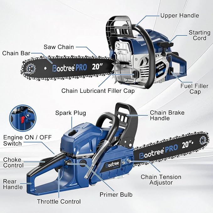 62cc 20 & 24 Inch Gas Chainsaw for Tree Cutting, Firewood, Logging | 2-Cycle Engine & Anti-Vibration System, Quick Start Technology
