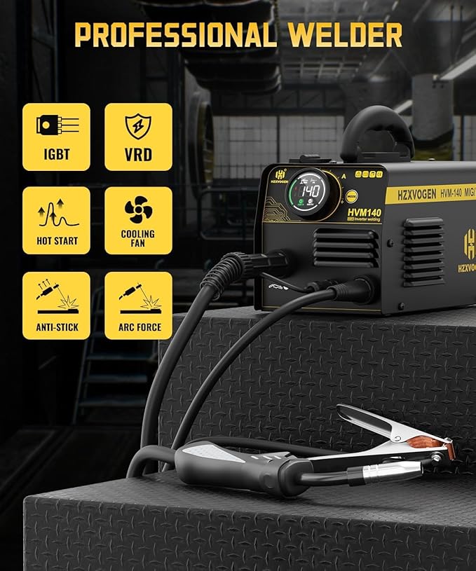 H HZXVOGEN 140A MIG Welder, 110V/220V Dual Voltage, Flux Core MIG/Lift TIG/Stick 3-in-1 Welding Machine with Synergic, IGBT Inverter, Portable Welder