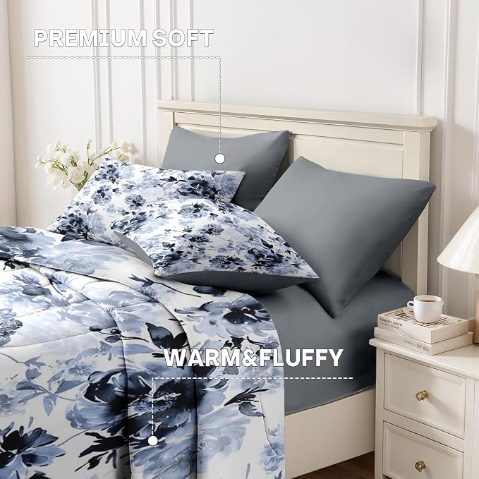 Nesker Comforter Set Twin Size, Navy Blue Floral 5 Pcs Bedding for Kids and Adults, Blue White Abstract Bed Sheet Sets with Fitted Sheet Pillowcase & Sham