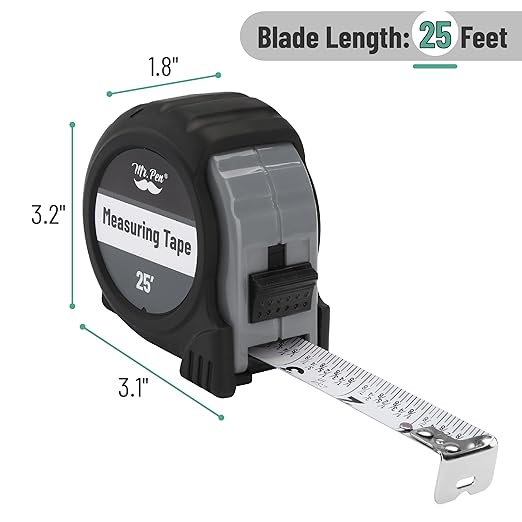 Mr. Pen- Retractable Tape Measure 25 ft, Gray, Easy Read, Steel Retractable Measuring Tape with Fractions, Ideal for Construction & DIY Projects