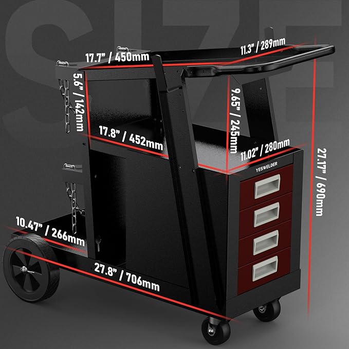 YESWELDER Welding Cart with 4 Drawers for MIG Welder TIG Welder and Plasma Cutter, Black&Red Version Heavy Duty Large Storage 360° Rolling Welding Trolley