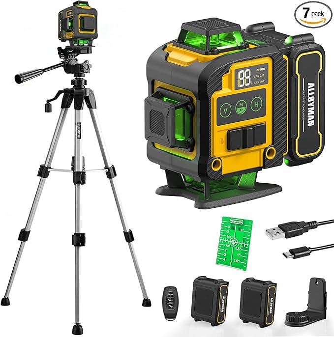 Laser Level with Tripod, Alloyman 4x360° Self Leveling Laser Level, Green Line Laser 4D Laser Leveler Tool with 2Pcs Lithium Batteries for Picture Hanging, Tile, Home Renovation, Indoor