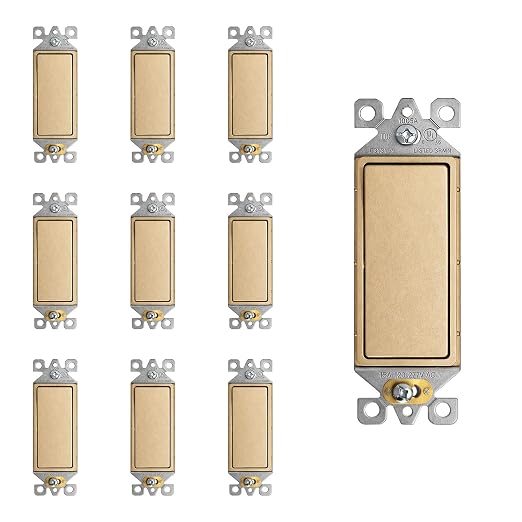 ELEGRP Matte Champagne Gold 3 Way Decorator Light Switch, 15A 120-277V, Paddle Rocker Switch Replacement, On/Off Wall Switch, Self-Grounding, Residential Grade, UL/CUL, 10 Pack