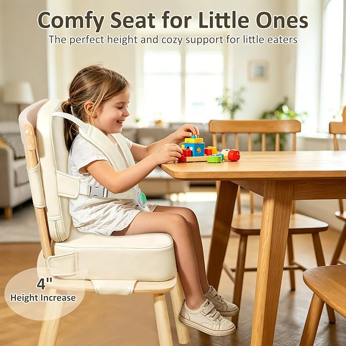 Toddler Booster Seat for Dining Table,Kitchen Chair Booster Cushion | Non-Slip Booster Seat with Backrest and 5 Piont Harness, PU Waterproof Travel Baby Booster Increasing Cushion