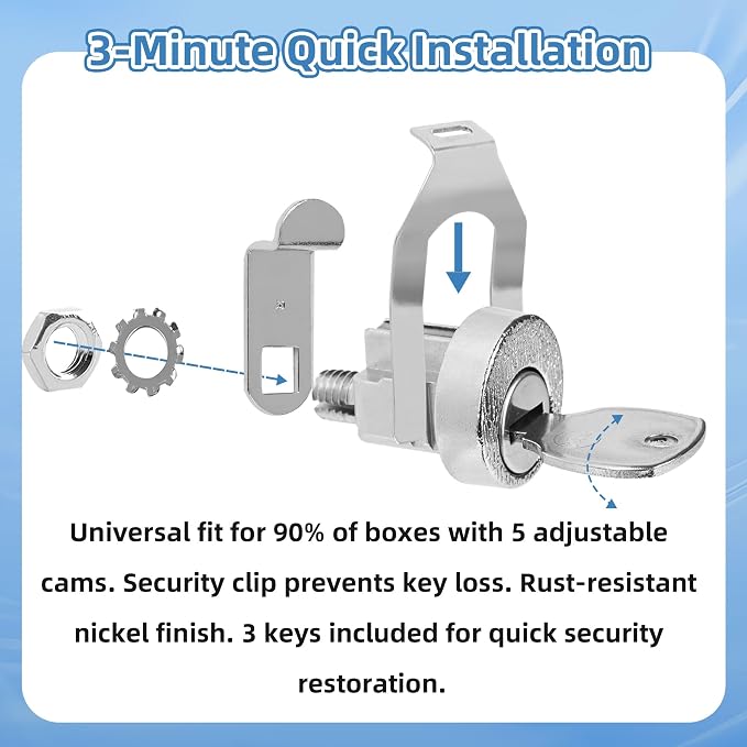 10 Pack Mailbox Lock for L-1172C | USPS Mail Box Latch Tool Box Lock, C9100 Letterbox Lock, 3 Keys and C7120 Cam Replacement Accessories, Nickel Finish