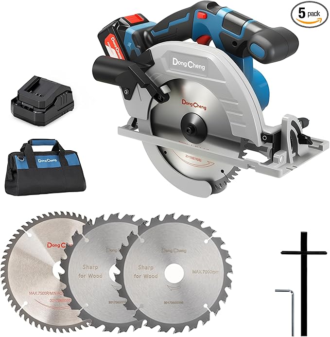 Dong Cheng 20V MAX 7-1/4'' Brushless Cordless Circular Saw Kit, 0-45 Degree Bevel Capability, with Dust Collection Adaptor, 24T and 40T TCT Blade Included, 4.0Ah Battery and Charger Kit