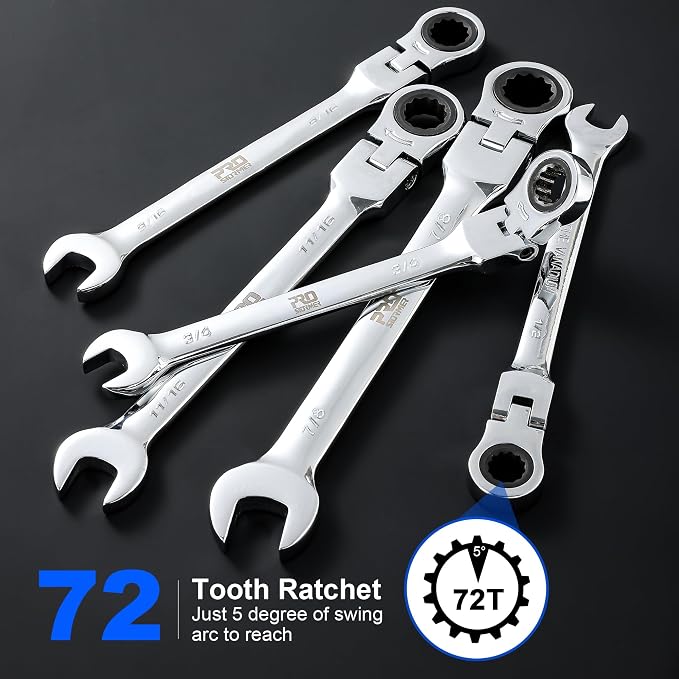 Prostormer 14-Piece SAE Flex-Head Ratcheting Wrench Set | 1/4" to 1", 72-Tooth Ratchet Gear, Cr-V Steel Constructed, Portable Tool Box Included