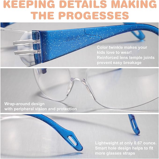 Kids Safety Glasses 24 Pack, Scratch, Impact Resistant Safety Goggles with Clear Lens Assorted Twinkle Color Frame, Eyewear for Lab, Sports,Shooting, Landscaping, Child Youth Size