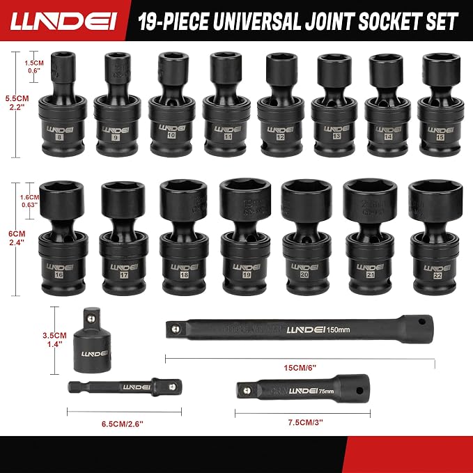 LLNDEI 3/8" Drive Universal Impact Socket Set, 19 Pieces CR-MO Swivel Socket Set, Metric(8-22mm) Wobble Sockets 6 Point with Extension Bars, Adapter and Black Organizer