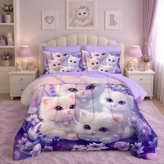 Cat Bedding 7 Piece Comforter Set King Size,Cute Animal Themed Bed Set for Girls Room Decor,Kids Bedding with 1 Comforter,1 Flat Sheet,1 Fitted Sheet,4 Pillowcases.