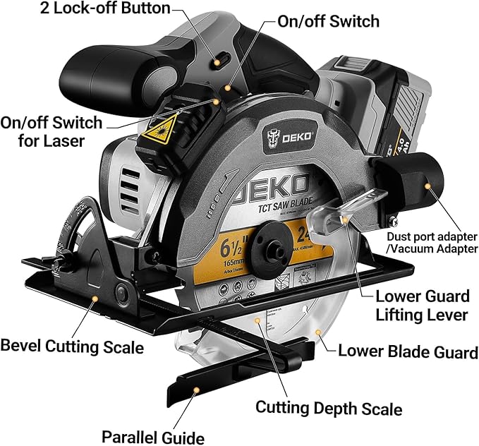 DEKOPRO 20V Cordless Circular Saw, 6-1/2-Inch Blade, 4500 RPM Circular Saw Cordless with 2 Battery and Charger（ 4.0Ah ）