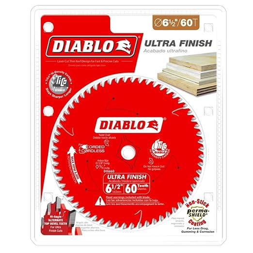 Diablo 6-1/2" x 60 Tooth Ultra Finish Circular Saw Blade - Clean Crosscuts and Rip Cuts in Wood Plywood and Melamine, Thin Kerf Design - D0660X