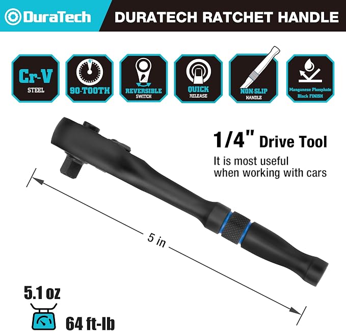 DURATECH 1/4-Inch Drive Ratchet, 90-Tooth Quick-Release Ratchet Wrench | Reversible, Cr-V Made, 4° Swing, Manganese Phosphate Black Finish, Socket Wrench for Men Women Stocking Stuffer for Men Women