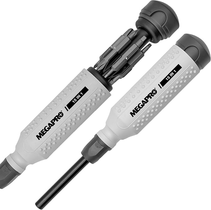 MEGAPRO® 15-in-1 Original Multi-bit Screwdriver | Home DIY & Repair | Construction | Tradeswork | 14 Industrial-grade bit tips | 1/4" Hex Drive in shaft (Original NAS Light Grey/Charcoal)