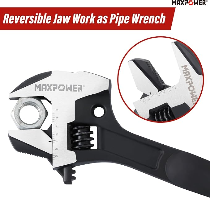 MAXPOWER 16-inch Adjustable Construction Spud Wrench, 4 in 1 Multifunctional Use for Adjustable Wrench and Hammer, Max Jaw Capacity up to 1.57"