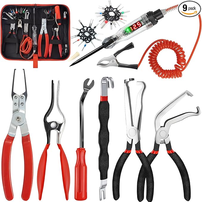9 PCS Automotive Electrical Disconnect Pliers Kit, High-Carbon Steel Electrical Terminal Connector Separator Removal Clip Set with 37960/37980 Plier, Auto Test Pen, Terminal Pin Repair Tool