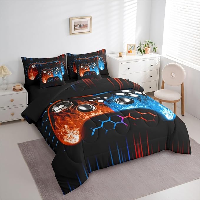 Erosebridal Boys Gaming 7 Piece Comforter Set Full Bed in a Bag Ombre Art Honeycomb Bedding Set Orange Blue Neon Lights Sheet Set Game Console Bed Set Geometric Hexagon Beehive Gaming Room Decor