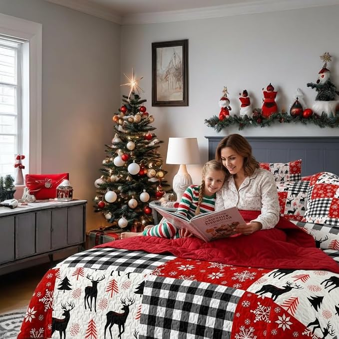 Merry Christmas Patchwork Quilt Set King - Deer Tree Red Snowflakes Checkered Printed Holiday Bedding Set - Soft Microfiber Lightweight Comforter Coverlet Bedspread(Deer Checkered, King(90"x104"))