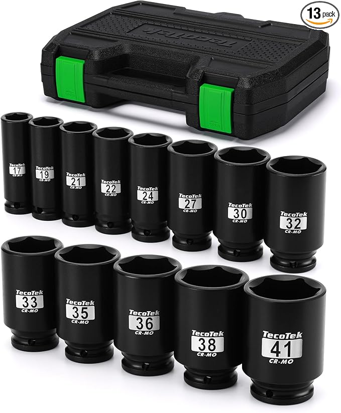 TecoTek 1/2" Drive Deep 6-Point Impact Socket Set, 13-Piece Spindle Axle Nut Impact Socket Set, Cr-Mo, Metric (17mm to 41mm), Enhanced Storage Case