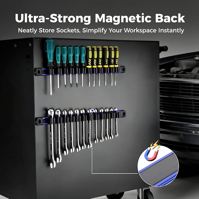 Reniteco Magnetic Screwdriver & Wrench Organizer, 12-Slot Tool Holder | Heavy-Duty Aluminum Alloy Rail Tool Holder, Flexible High-Tension Tool Clips, Magnetic Base, Tool Box Drawer or Wall Mount