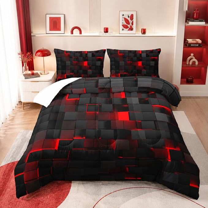 Nttopship Geometric Red Black Comforter Set,Light Honeycomb 3 Piece Bedding Set Twin for Teen Boys,Modern Bedding Quilt Set Geometry Decor,Microfiber Lightweight 1 Comforter 2 Pillowcases All Season