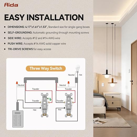 AIDA 15 Amp 3 Way Quiet Indoor Toggle Switch Self-Grounding ON Off Toggle, Residential Grade, UL Listed, Quickwire Push-in & Side Wired (White, 10 Pack)