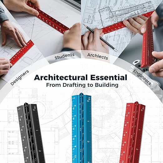 Rena Chris Architectural Scale Ruler: 12" Imperial Aluminum Alloy Metal Architecture Measuring Tools, Engineering Drafting Construction Drawing Blueprints Triangular Architect Scaling Rulers 12 Inches
