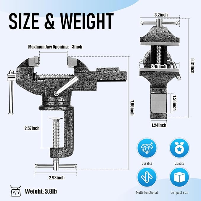 Table Vice 3 Inch Bench Vise Multipurpose Clamp-On Vice with Anvil,360° Swivel Base Portable Clamps Tools for Workbench,Woodworking,Cutting Conduit,Drilling,Sawing,Metalworking,Craft,DIY