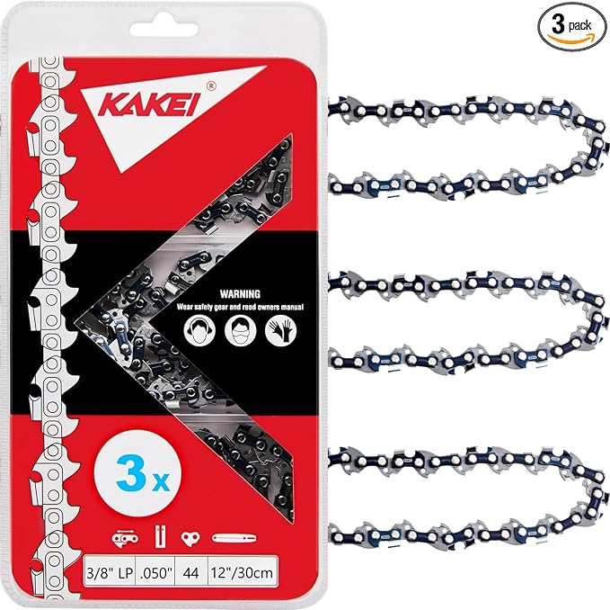 KAKEI 12 Inch Chainsaw Chain 3/8" LP Pitch .050" Gauge 44 Drive Links (3 Chains) - Semi Chisel