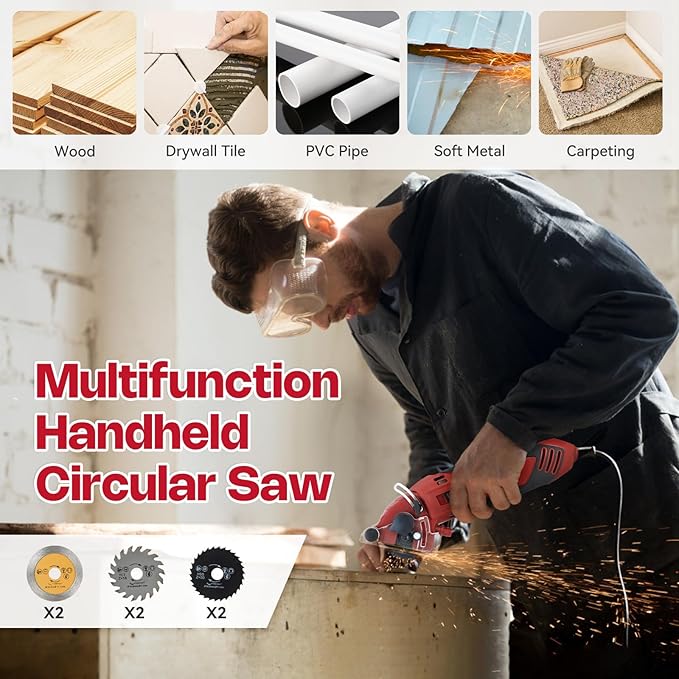 Corded Mini Circular Saw, 400W 110V 3400RPM Multifunction Handheld with 6 Blades Max Cutting Depth ½ Inch, Compact Small Circular Saw for Wood Drywall Tile PVC Pipe Soft Metal