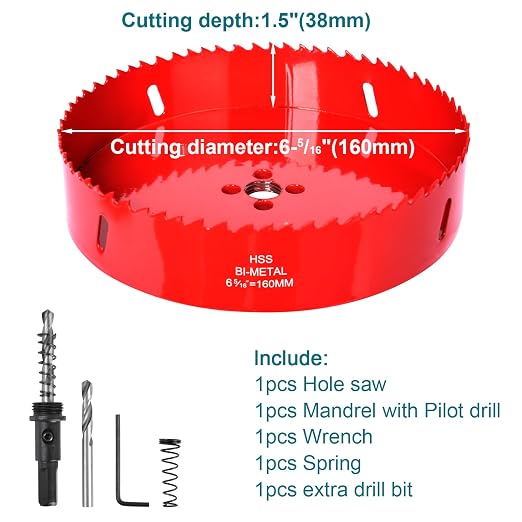 6-5/16 Inch / 160mm Hole Saw for Wood, Plastic Board, Ceiling,Drywall, and Metal Sheet - HSS Bi-Metal Hole Cutter with Pilot Drill Bit