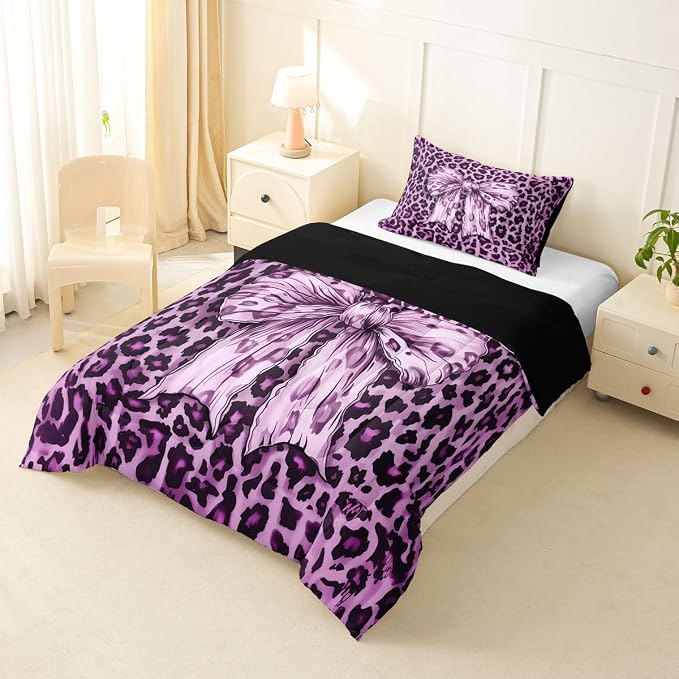 Feelyou Leopard Print Kids Comforter Set Twin Size Purple Cheetah Print Bedding Set Bowknot Duvet Quilt for Kids Boys Girls Bedroom Decor Microfiber Ultra Soft Breathable