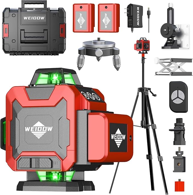 weiddw Laser Level with Tripod, Self Leveling Laser Level 4x360°, Green Line Laser 4D Laser Leveler Tool with 2Pcs Lithium Batteries for Picture Hanging, Tile, Home Renovation, Indoor