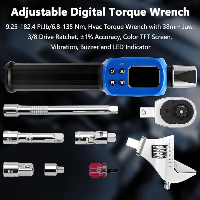 Adjustable Digital Torque Wrench, Hvac Torque Wrench 2.2-44.2Ft-lbs/3-60Nm | With 38 mm Adjustable Jaw, 3/8 Drive Ratchet, ±1% Accuracy, Color TFT Screen, Vibration, Buzzer and LED Indicator