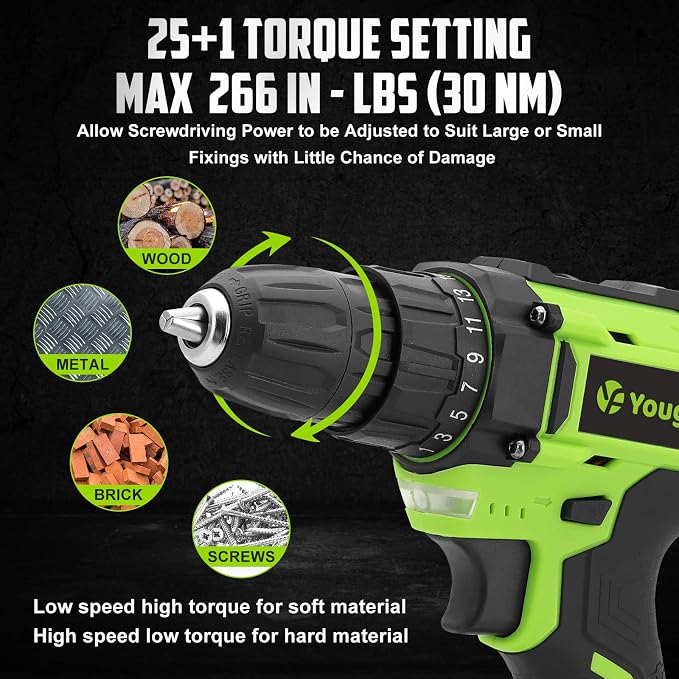 Cordless Drill Driver Set 20V Power with Battery Charger and Carrying Case, 25+1 Torque Electric Drill, Variable Speed, 266 In-lb, 3/8'' Keyless Chuck, 34pcs Driver Bit, for Women, Green