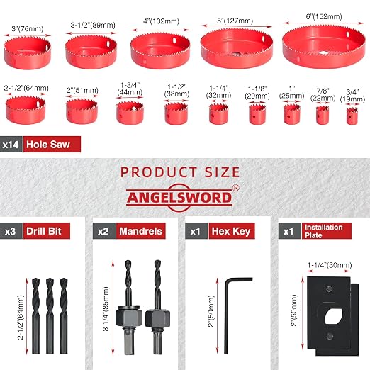 ANGELSWORD Hole Saw Set 24 PCS Double-Ground Teeth Hole Saw Kit, Hole Saw Drill Bit Kit, 3/4"-6" (19-152mm) 14 PCS Saw Blades, for Drywall, Soft Wood, Plywood, Plastic, PVC