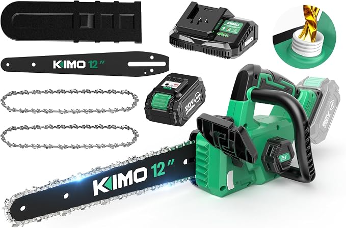 KIMO Brushless Electric Chainsaw Cordless, 4.0Ah Battery & Fast Charger, Handheld Chain Saw with Auto Oiler, Battery Powered Chainsaw Electric for Tree Trimming, 54.5 FT/S Cutting Speed, 12 INCH