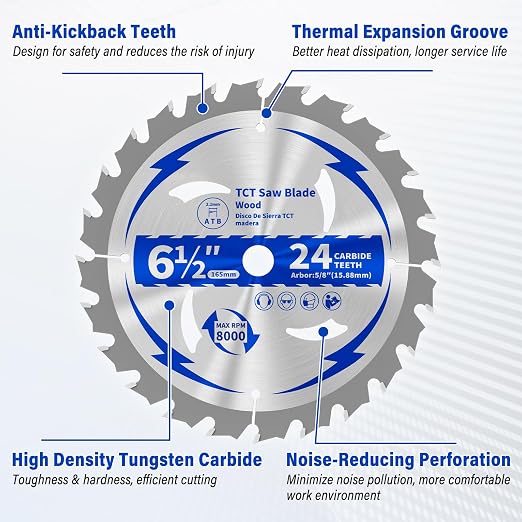3 Pack 6-1/2 Inch 24T Circular Saw Blade 5/8" Arbor | ATB Framing Saw Blades for Cutting Softwood Hardwood Laminate Plywood Chipboard Panels FRP MDF