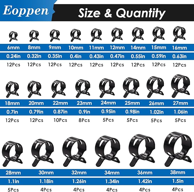 195Pcs 6-38mm Spring Hose Clamps Assortment Kit with Swivel Flat Band Fuel Hose Clamp Plier - 23 Sizes Fuel Line Silicone Vacuum Hose Low Pressure Air Clamps