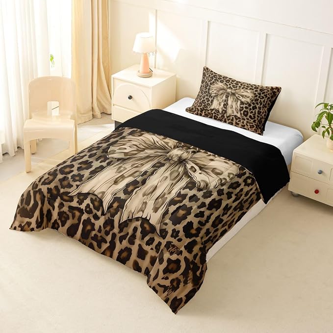 Feelyou Leopard Print Comforter Set Toddler Size Cute Bow Bedding Set for Kids Boys Girls Cheetah Animal Fur Duvet Quilt Bedroom Decor Microfiber 2 Pcs with 1 Pillow Cases