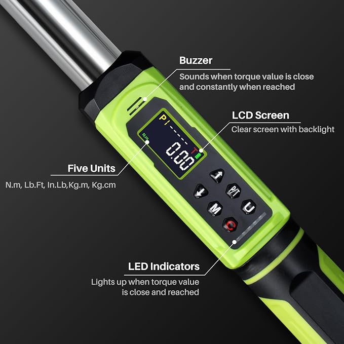 3/8" Digital Torque Wrench-1.5-99.6Ft.Lb for Car Motorcycle Repair | Electronic Torque Wrench 3/8 Drive(2-135N.m),Vibration Buzzer LED Indicator,±2% Accuracy Five Units for Bike Tire Auto Repair