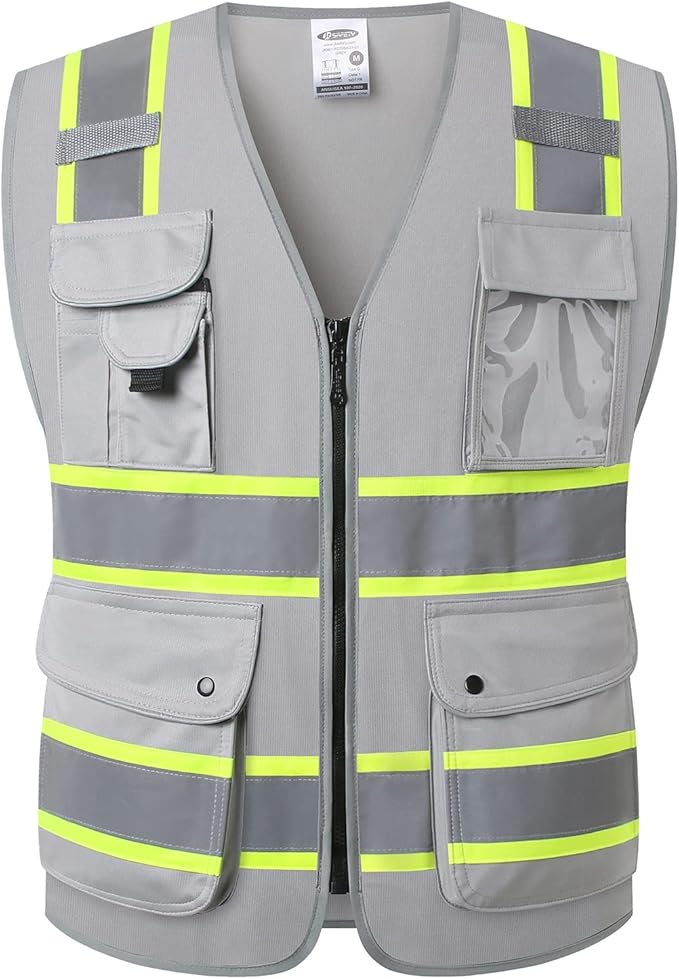 JKSafety 9 Pockets Hi-Vis Fluorescent Color Zipper Front Safety Vest with Neon Color Extended Yellow Trims for Men and Women Work Safety Utility (901-Grey L)