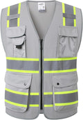 JKSafety 9 Pockets Hi-Vis Fluorescent Color Zipper Front Safety Vest with Neon Color Extended Yellow Trims for Men and Women Work Safety Utility (901-Grey 3XL)
