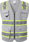 JKSafety 9 Pockets Hi-Vis Fluorescent Color Zipper Front Safety Vest with Neon Color Extended Yellow Trims for Men and Women Work Safety Utility (901-Grey XXL)