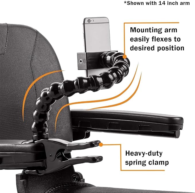 MOGO ModularHose Assistive Technology Phone Holder with Heavy-Duty Spring Clamp (Opens to 2"), 8 Inch Arm